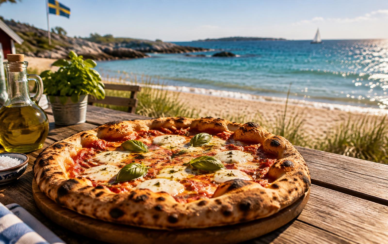Pizza vid havet, illustrationsbild